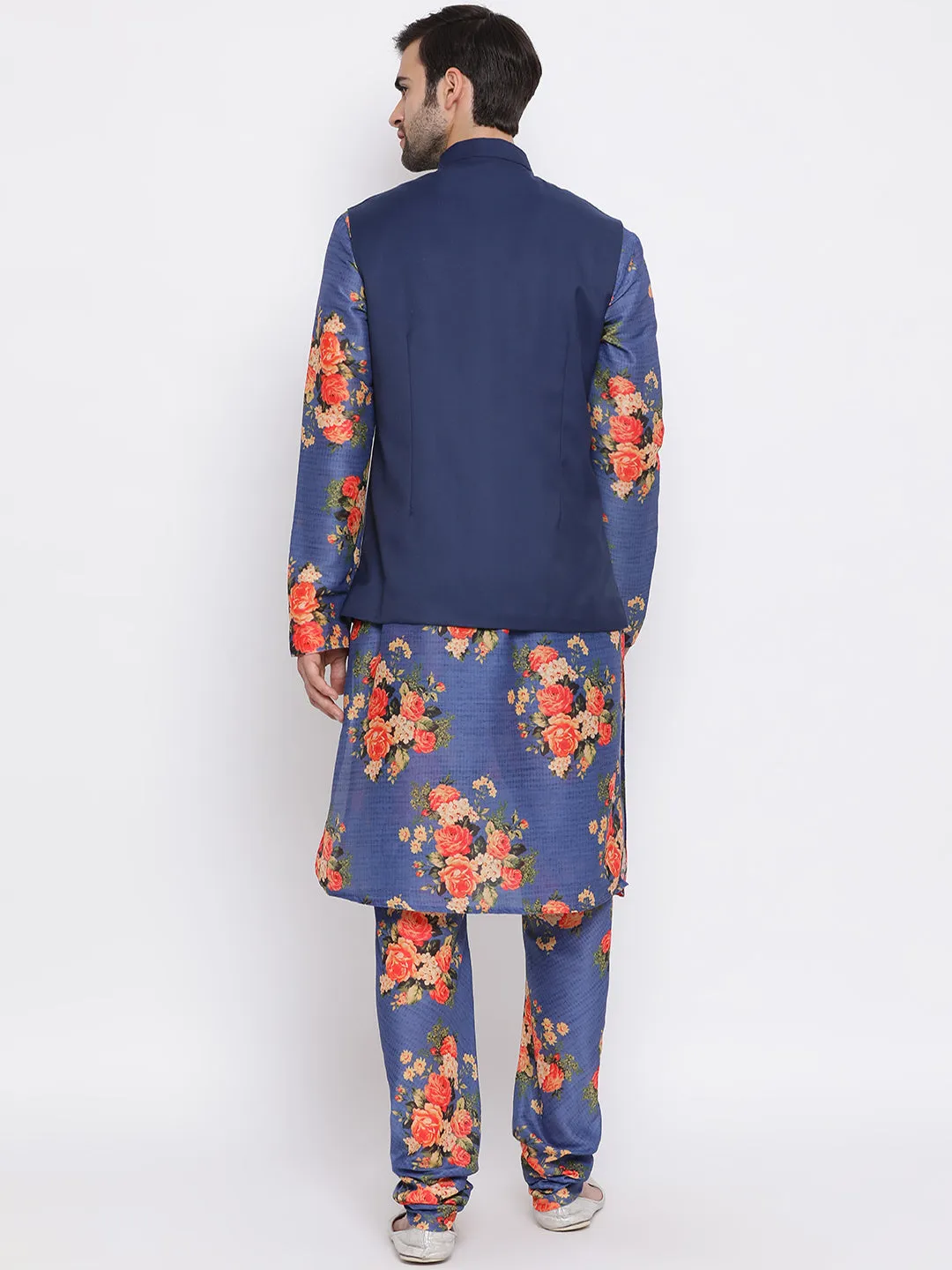 VASTRAMAY Navy Blue Twill Jacket, Printed Kurta and Pyjama Set