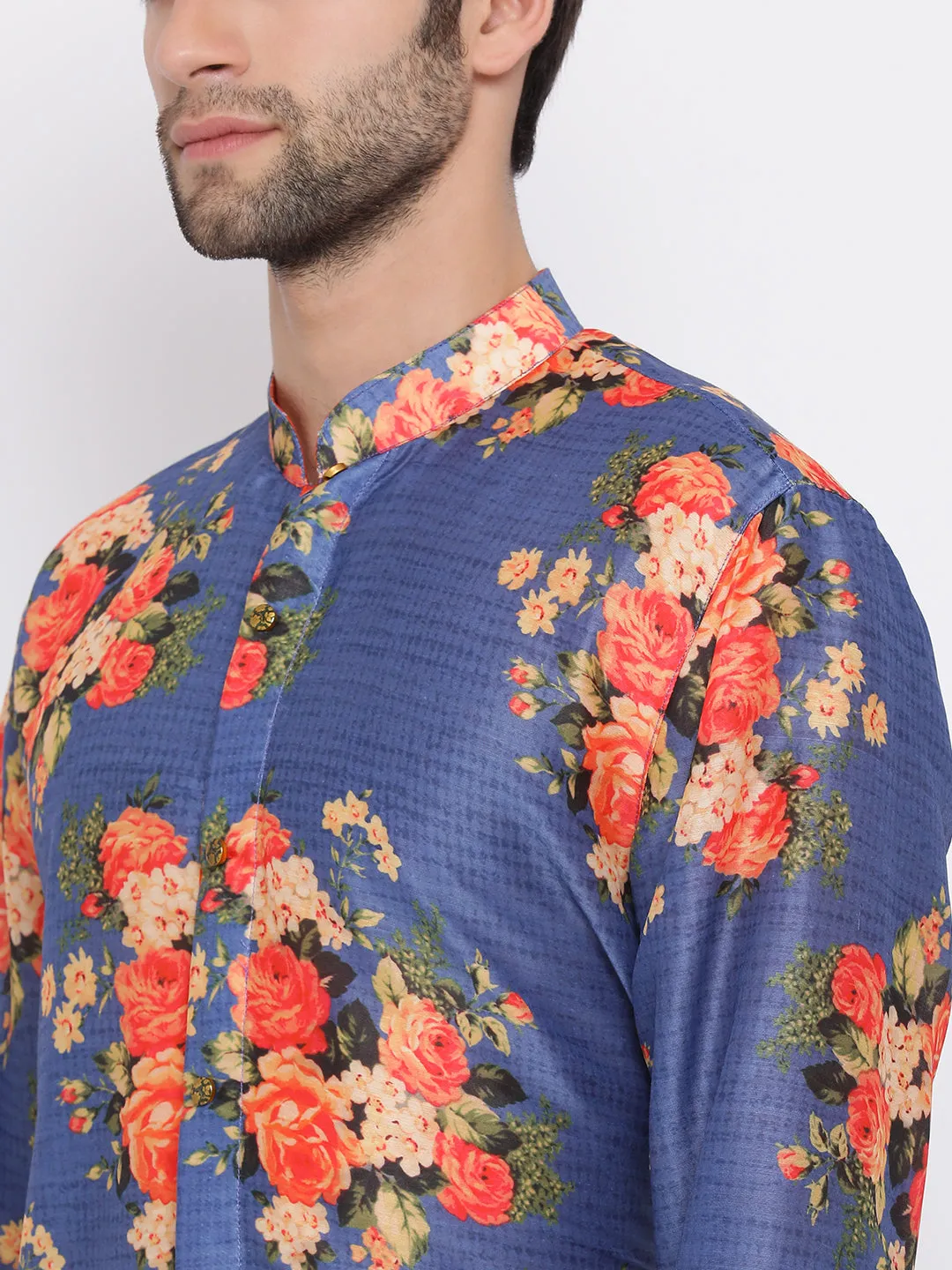 VASTRAMAY Navy Blue Twill Jacket, Printed Kurta and Pyjama Set