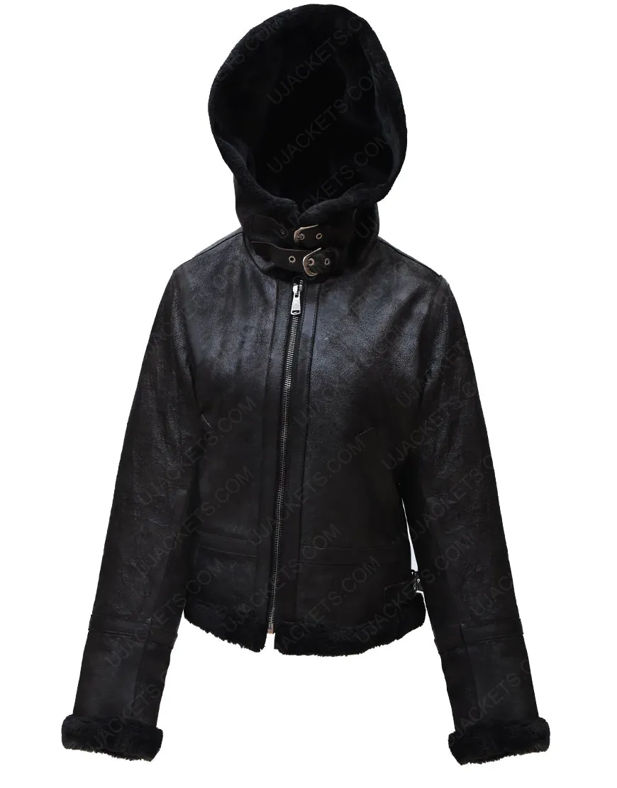 Womens Black Shearling Leather Hooded Jacket - Women Hooded Jacket