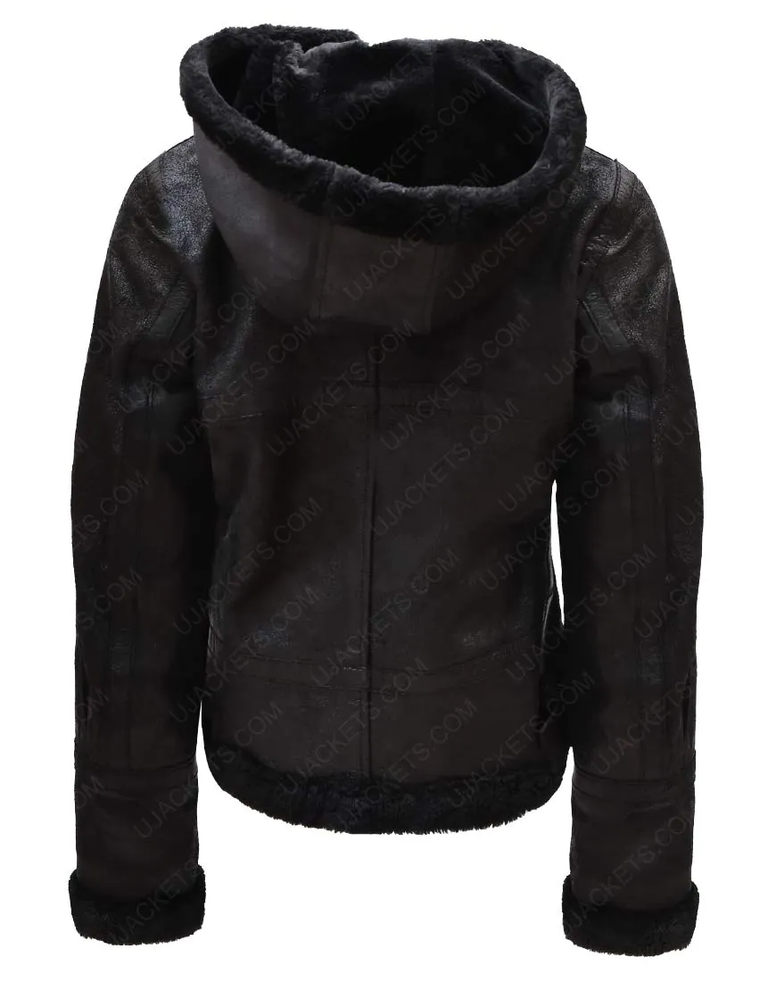 Womens Black Shearling Leather Hooded Jacket - Women Hooded Jacket