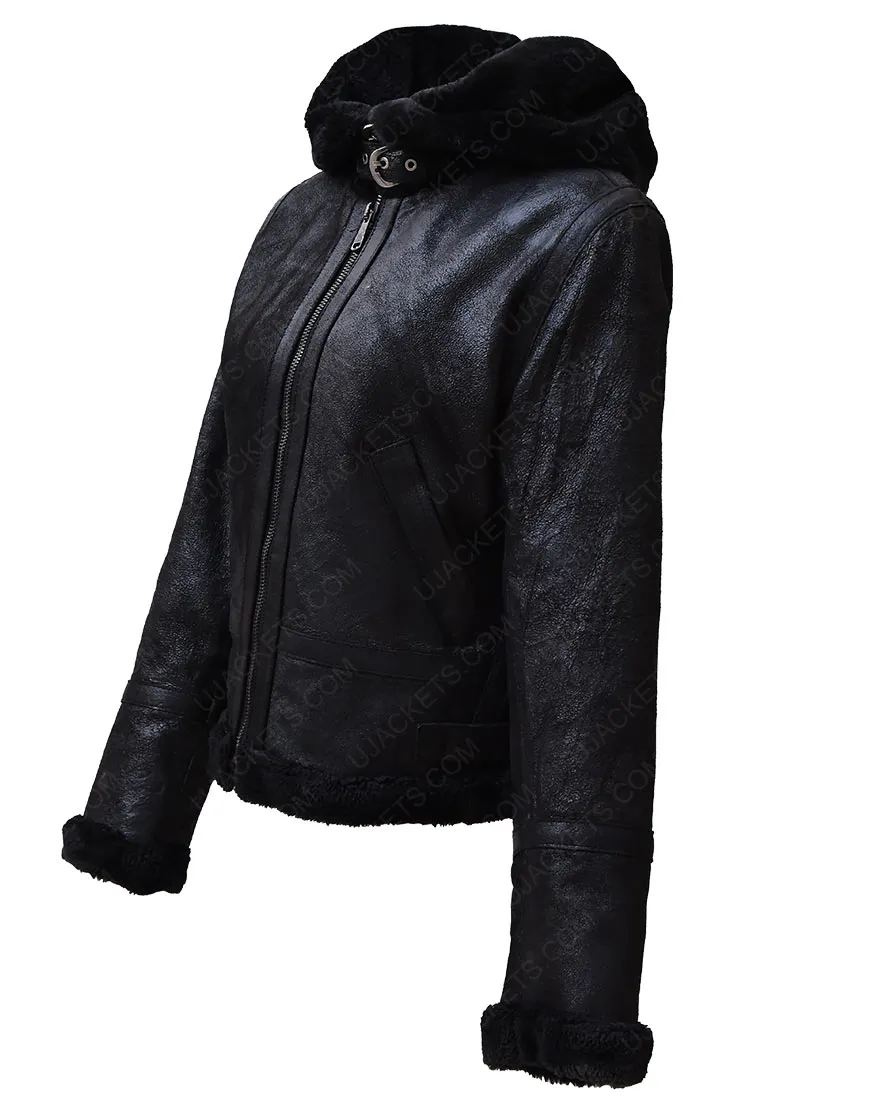 Womens Black Shearling Leather Hooded Jacket - Women Hooded Jacket