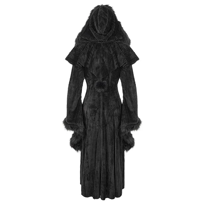 Women's Gothic Flared Sleeved Fluffy Coat with Hood