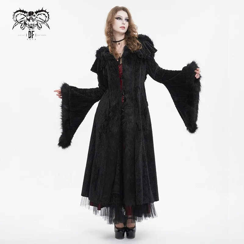 Women's Gothic Flared Sleeved Fluffy Coat with Hood