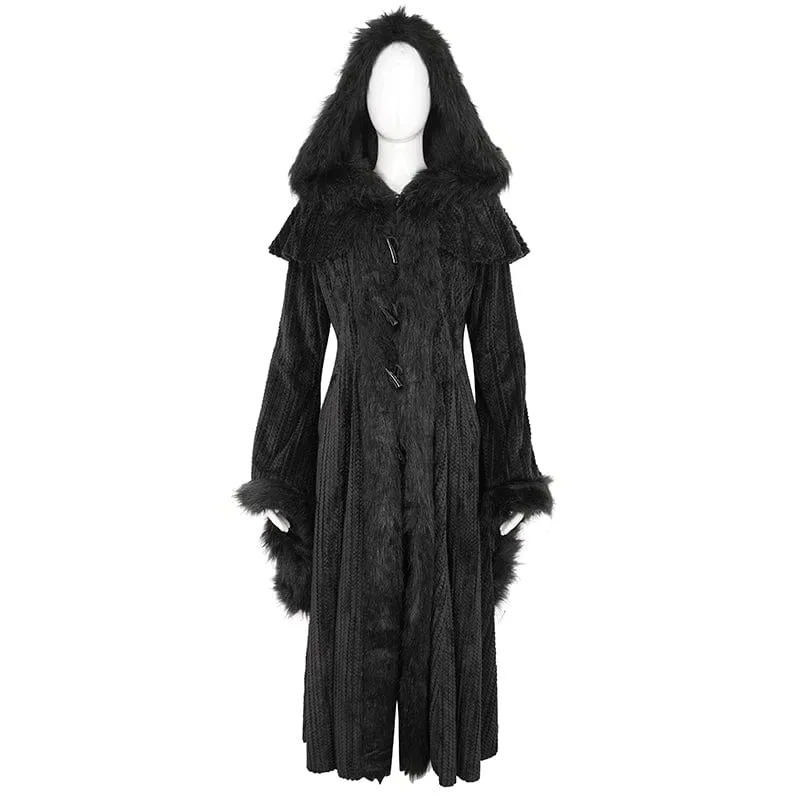 Women's Gothic Flared Sleeved Fluffy Coat with Hood